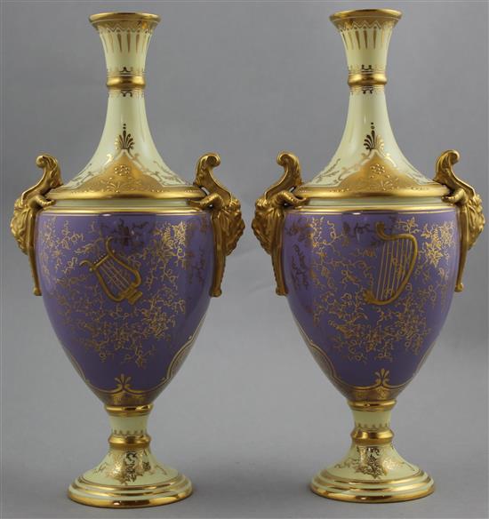 A pair of Coalport lilac and lemon yellow ground vases, c.1900, 22.5cm